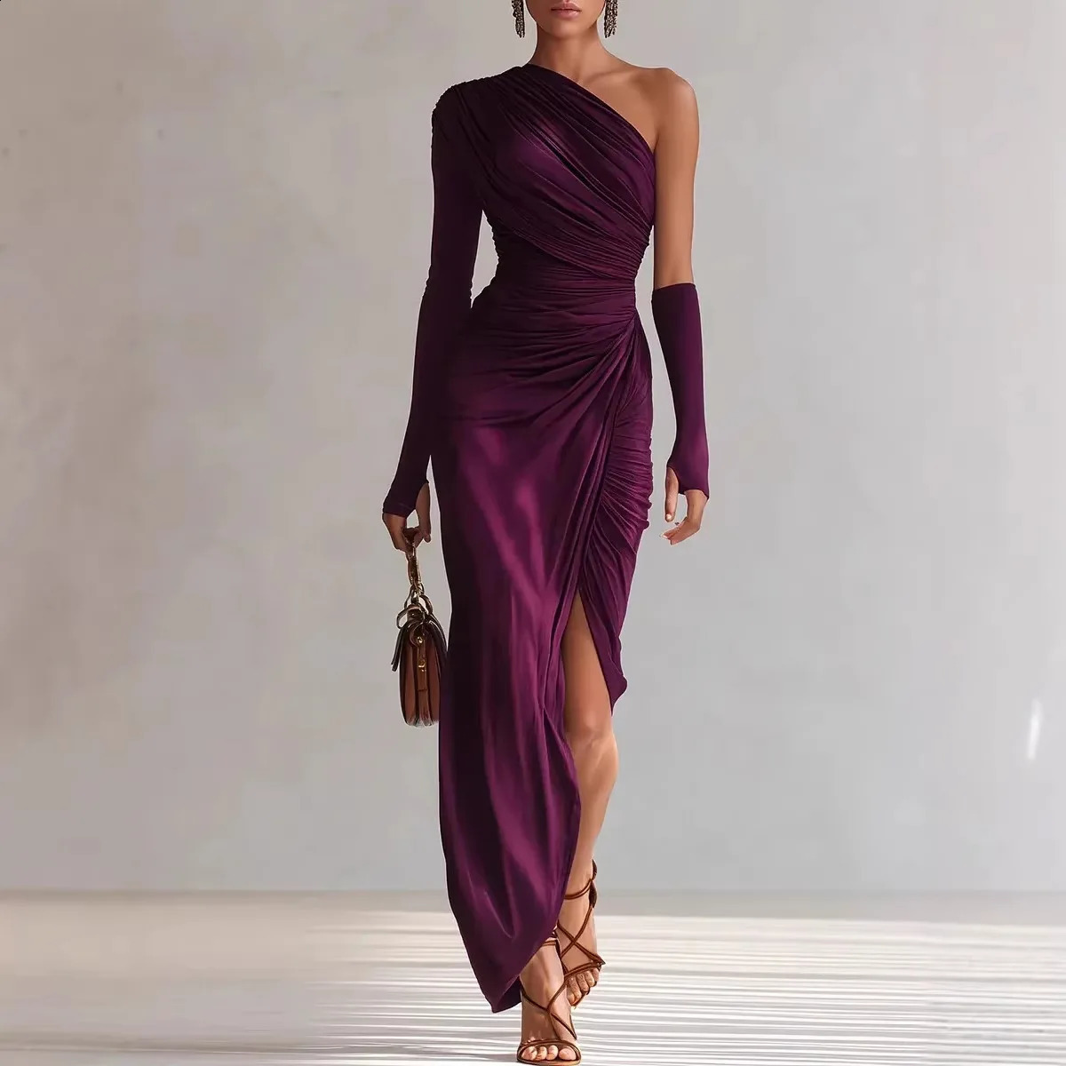 2026 Spring Summer Asymmetric One Shoulder Slim Fit Mermaid Dress Waist Tucking Pleated High Slit Elegant Evening Gown 261015