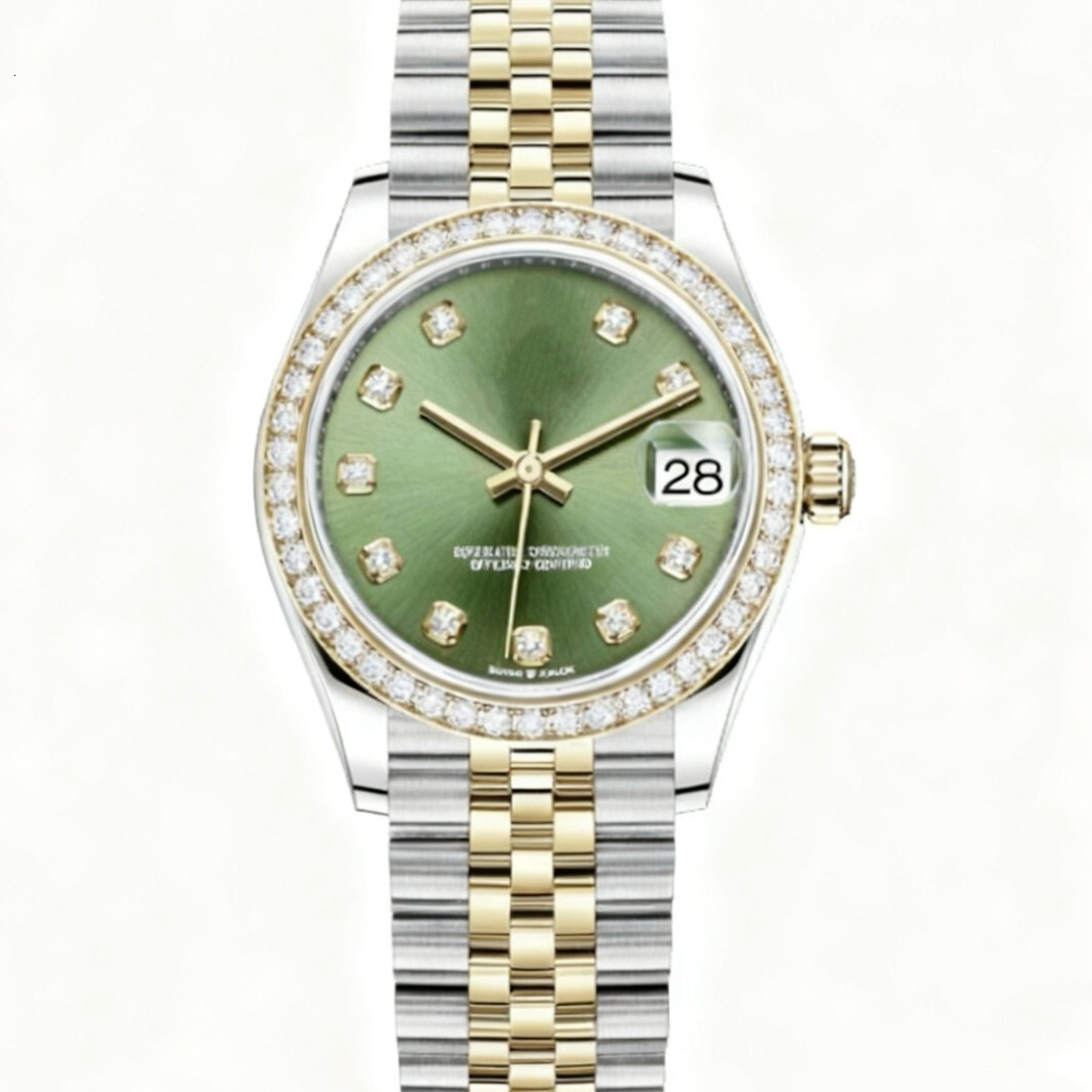 New Women Automatic Mechanical Watch 31mm Green Dial Diamond Bezel Two Tone Gold Steel Date Waterproof Luxury Ladies Wristwatch Gift