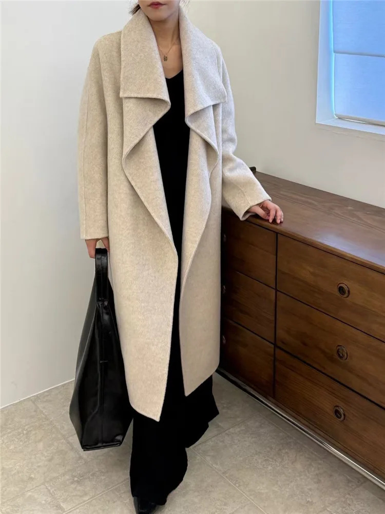 Turn Down Collar Double Wool Side Long Trench Coat Women Fashion Thick Loose Winter Jacket 2025 Korean Suit for 261010