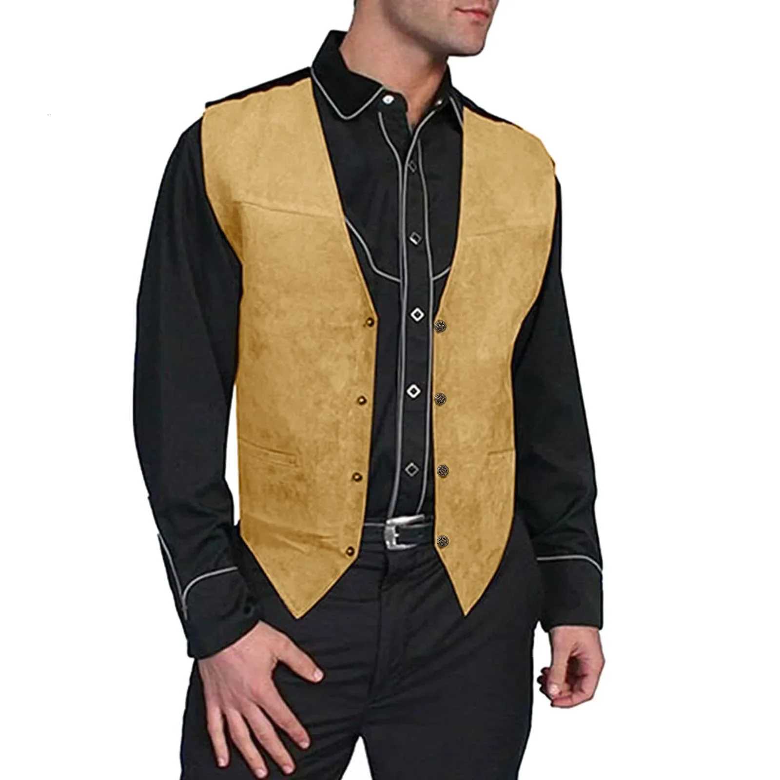 Vest 1Men'S Leather Men's Vests V Neck Single-Breasted Western Sleeveless Men Waistcoat Motorcycle Biker Leather Jacket Club Chopper VestW