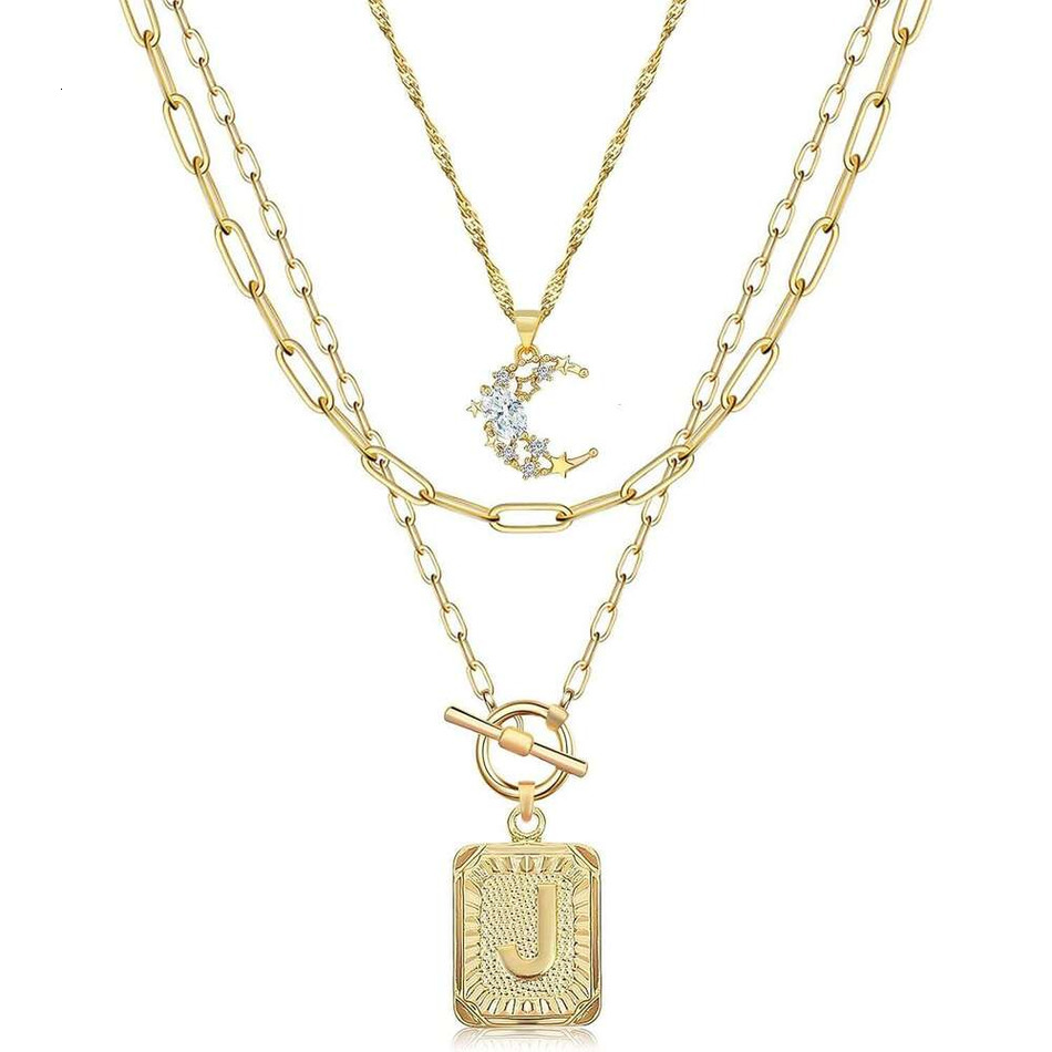 2026 New Layered Initial For Women Trendy 14K Plated Simple Moon Choker Square Letter Pendant Paperclip Chain Necklace Gold cologne perfume Necklace
