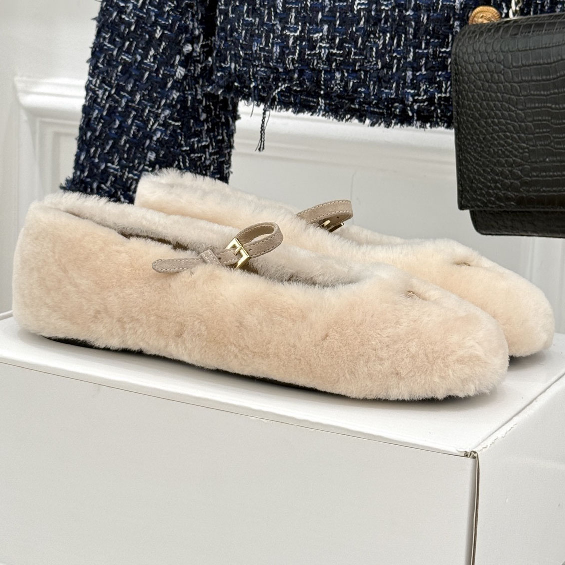 Women Furry Mary Jane Flat Shoes, Beige Wool Fleece Round Toe Ankle Strap Warm Winter Flats With Triangle Metal Logo