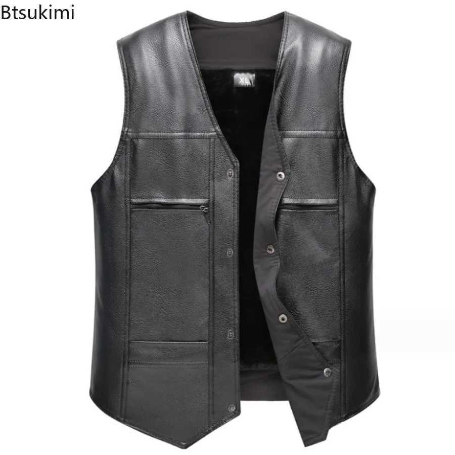 Winter Autumn Men's New Vests Men's Leather Vest Fleece Lining Warm Waistcoat Fashion V-neck Sleeveless Vest Jacket Handsome Motorcycle Ve