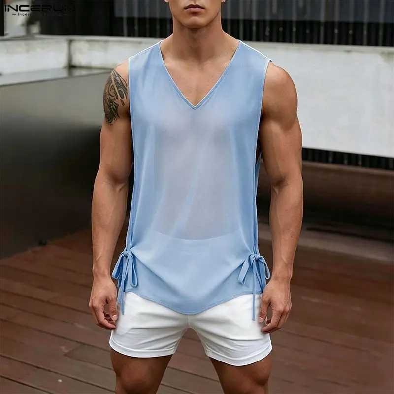 Tops Men Tank Men's Vests Solid Color Mesh See Through V Neck SLeeveless Men Clothes Streetwear Sexy Party Lace Up Split Tops VestsW261017