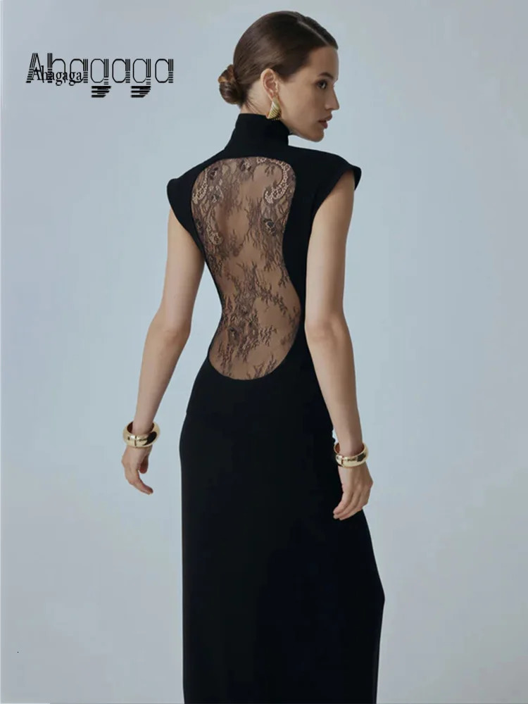 Ahagaga Fashion Sexy Women's Maxi Dresses Turtleneck Short Sleeves Hollow Out Lace Patchwork Sheath Split Party Solid Vestidos 261015