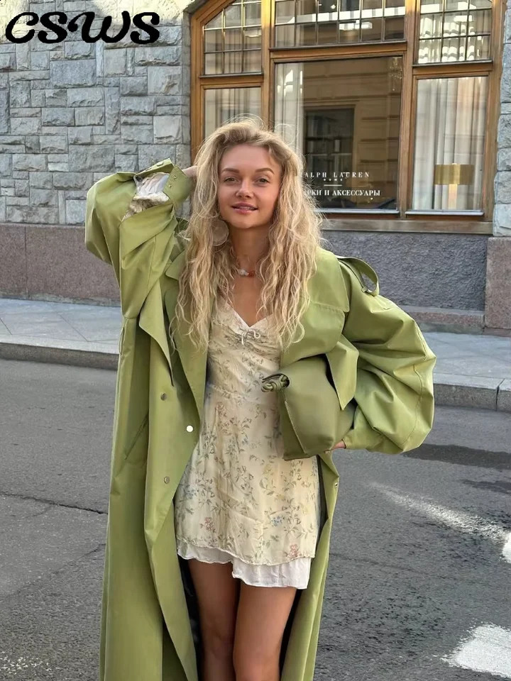 Casual Lapel Belt Long Coat Women Chic Loose Double Breasted Coat Female 2026 Spring Street Full Puff Sleeve Outwear Lady 261013