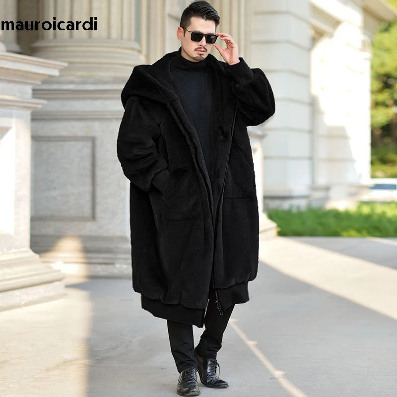 Mauroicardi Winter Black Oversized Long Warm Fluffy Faux Fur Coat Women with Hood Sleeve Zipper Loose Korean Fashion 261012