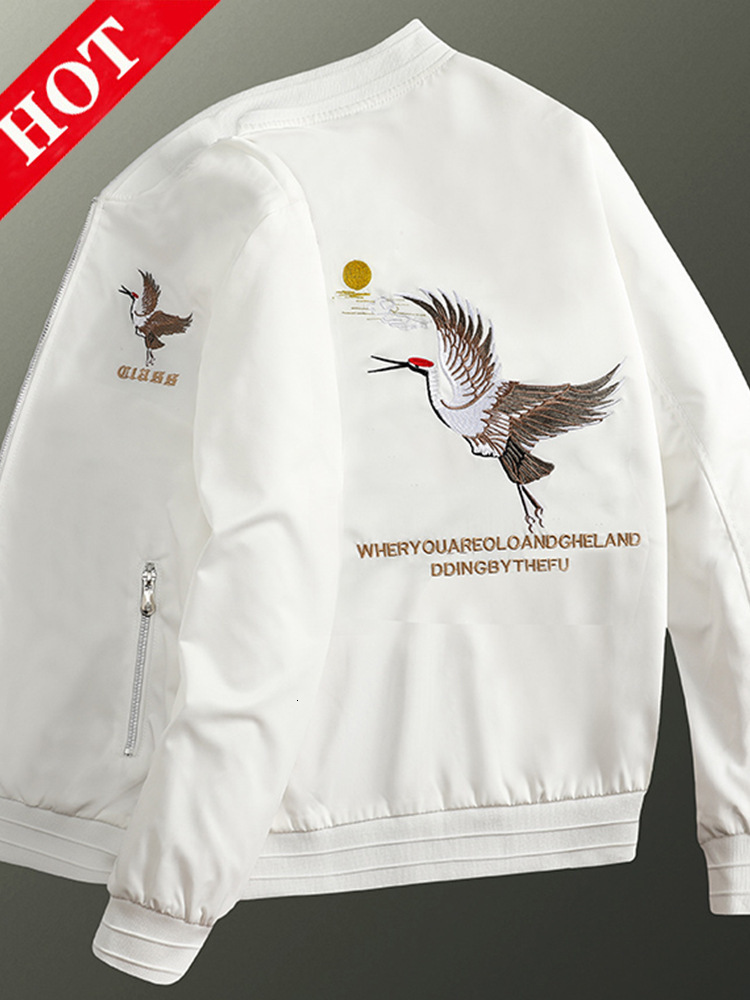 Men Trendy Pilot Baseball Jacket White Crane Embroidery European Korean Style Fashion Coat Soft Comfortable Casual Daily Street Outerwear For Men