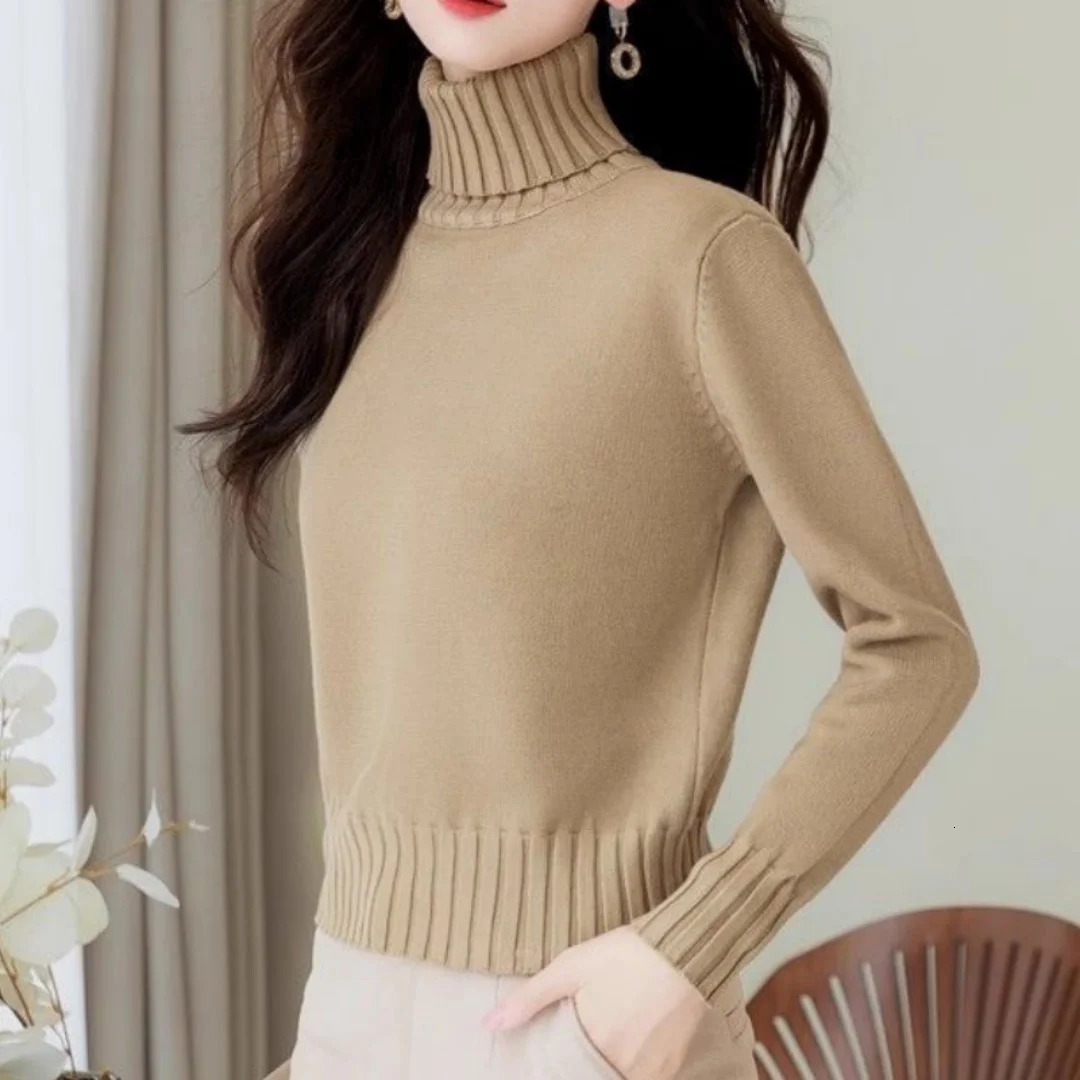 Autumn Winter Women Sweater Korean Fashion Warm High Collar Basic Knitwear Solid Color Long Sleeve Basics Thermal Top Pullovers 261008