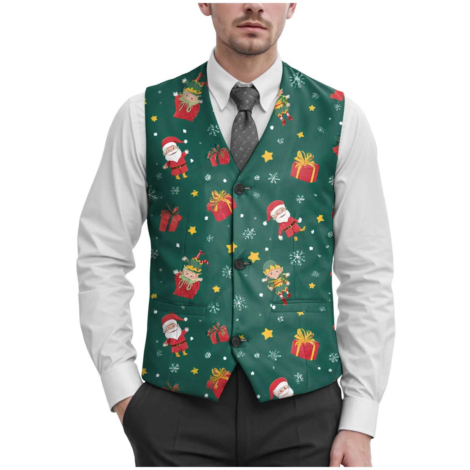 Suits Christmas Vests Men's Vests Men'S V Neck Button Pocket Suit Vest Jacket Xmas Festival Casual Fun Printed Coat For New Year Party Fit