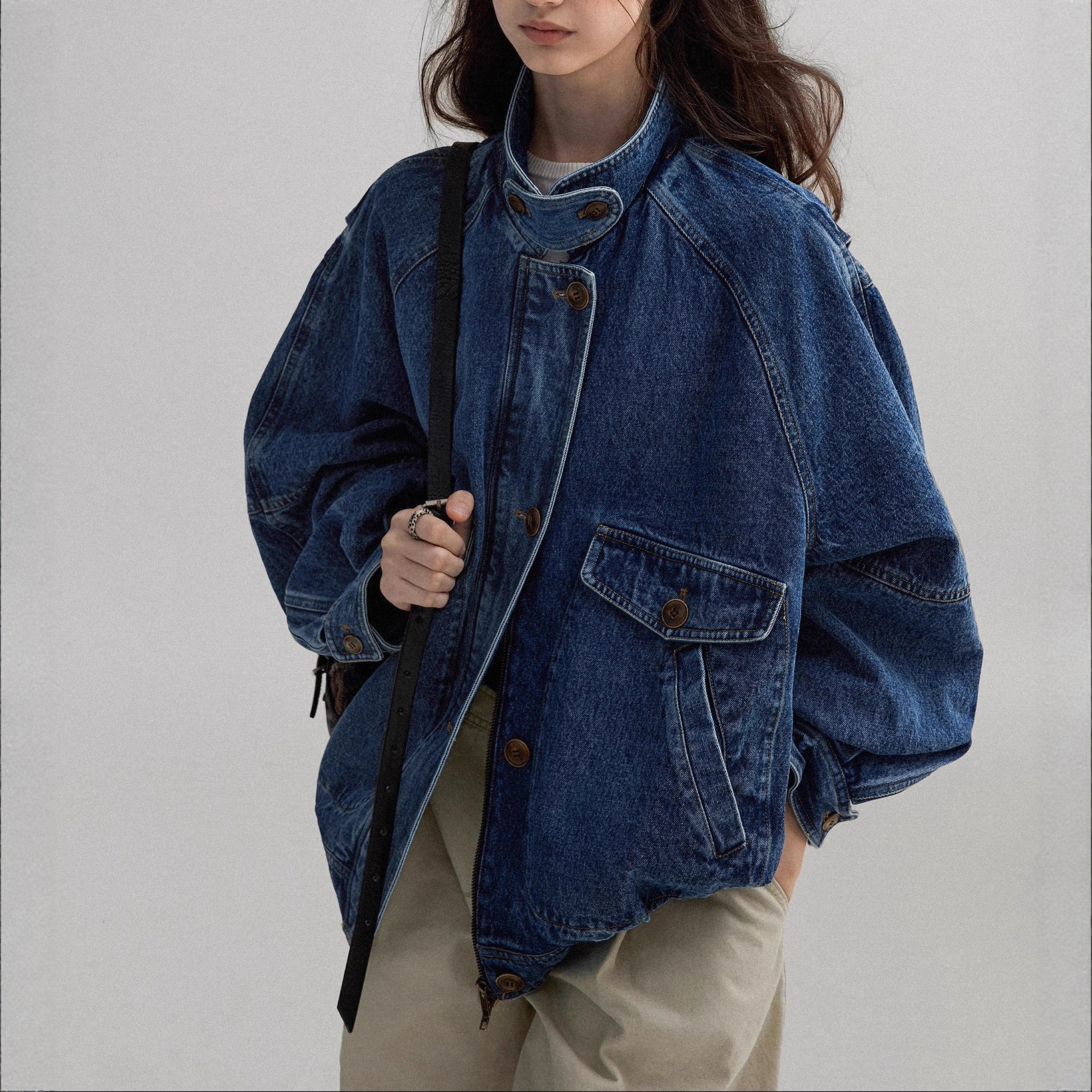 Women Washed Denim Bomber Jacket Scandinavian Vintage Textured Convertible Collar Contrast Color Oversized Outerwear