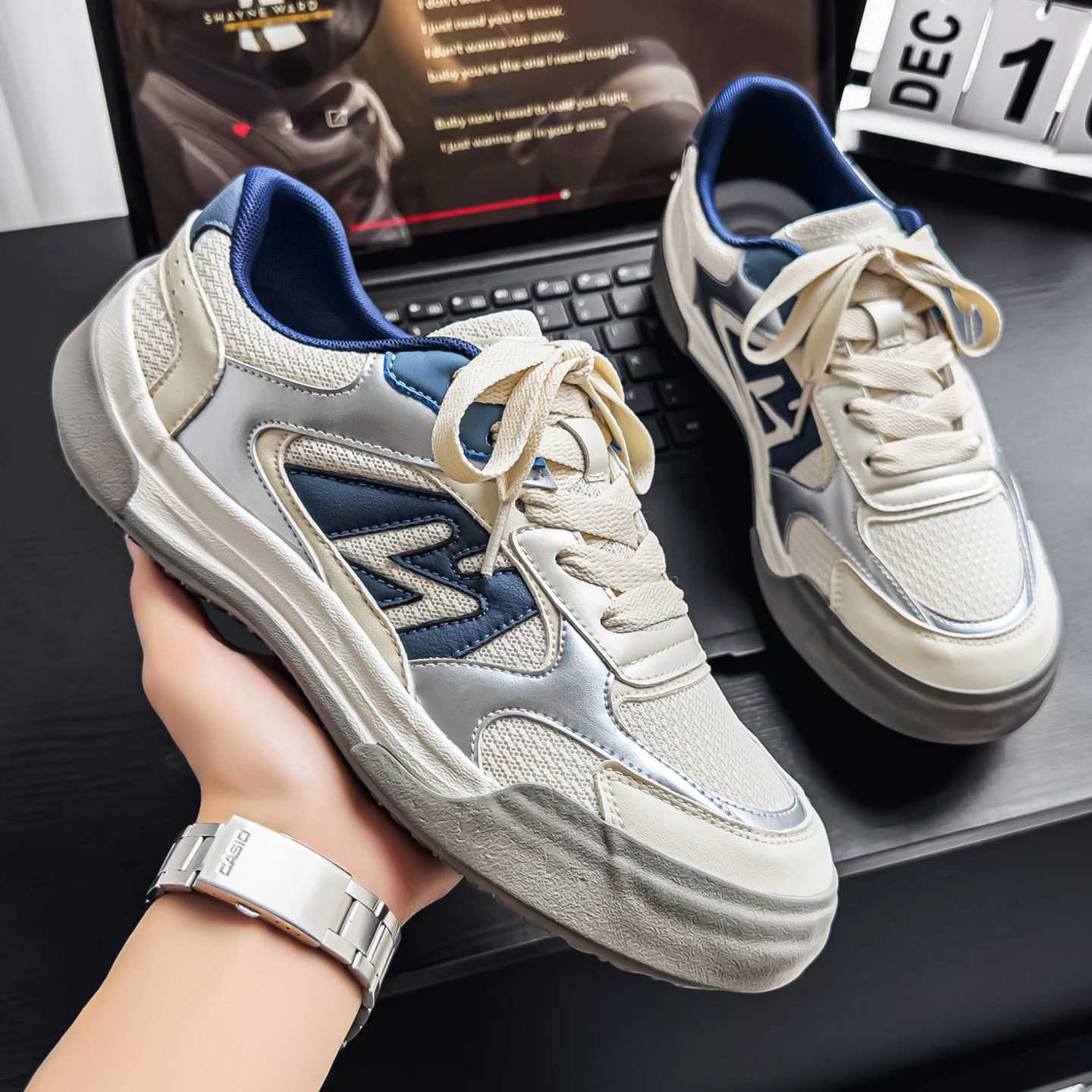 Casual Shoes Men Skate Sneakers Breathable Mesh Leather Thick Sole Non Slip Daily Casual Lace Up Walking Shoes H261016