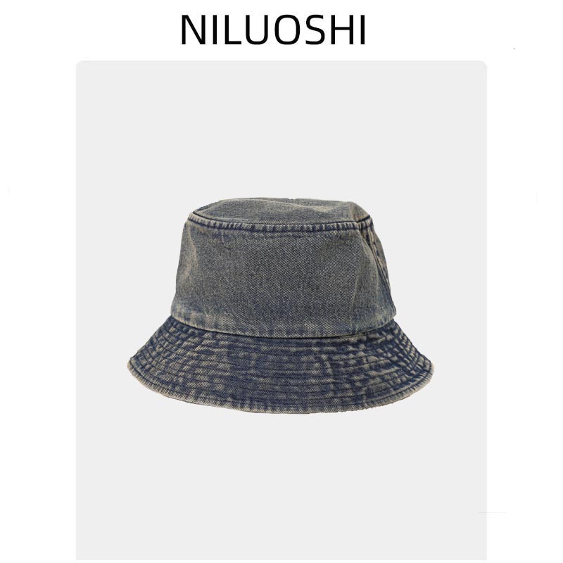 Retro denim fisherman men summer Korean style distressed design faceslimming bucket sun hat large head circumference artistic hat for women