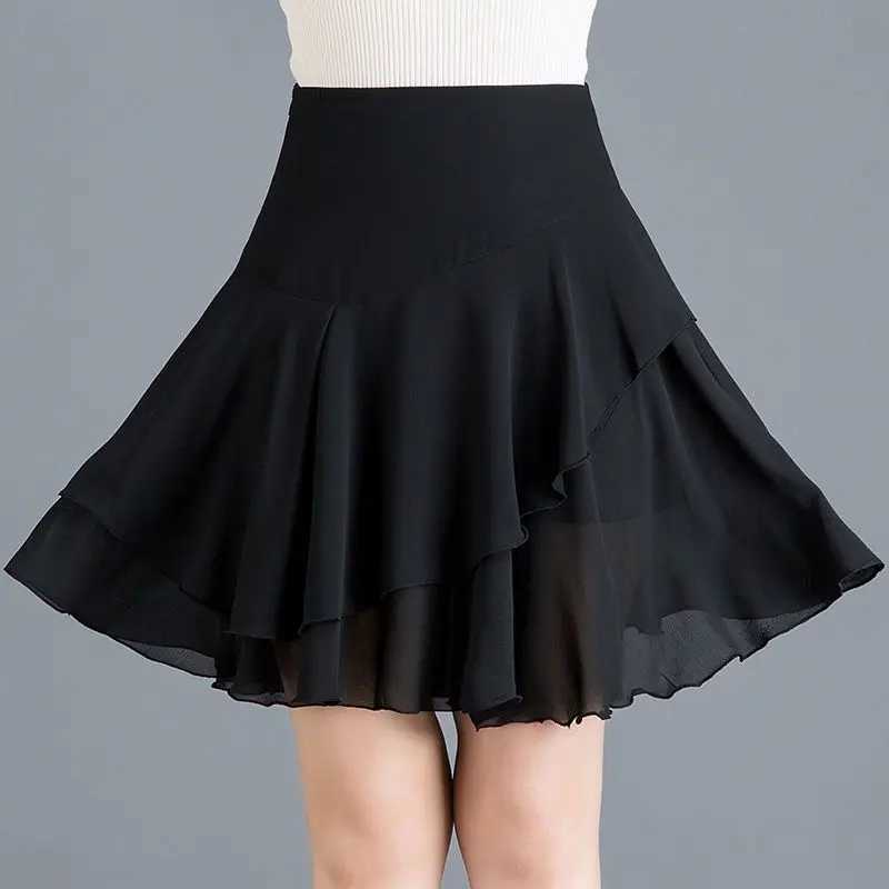 Fashion Solid Color Spliced Skirts Ruffles Chiffon Skirts Women's Clothing Summer New Loose Office Lady Elastic High Waist Skirts W261017