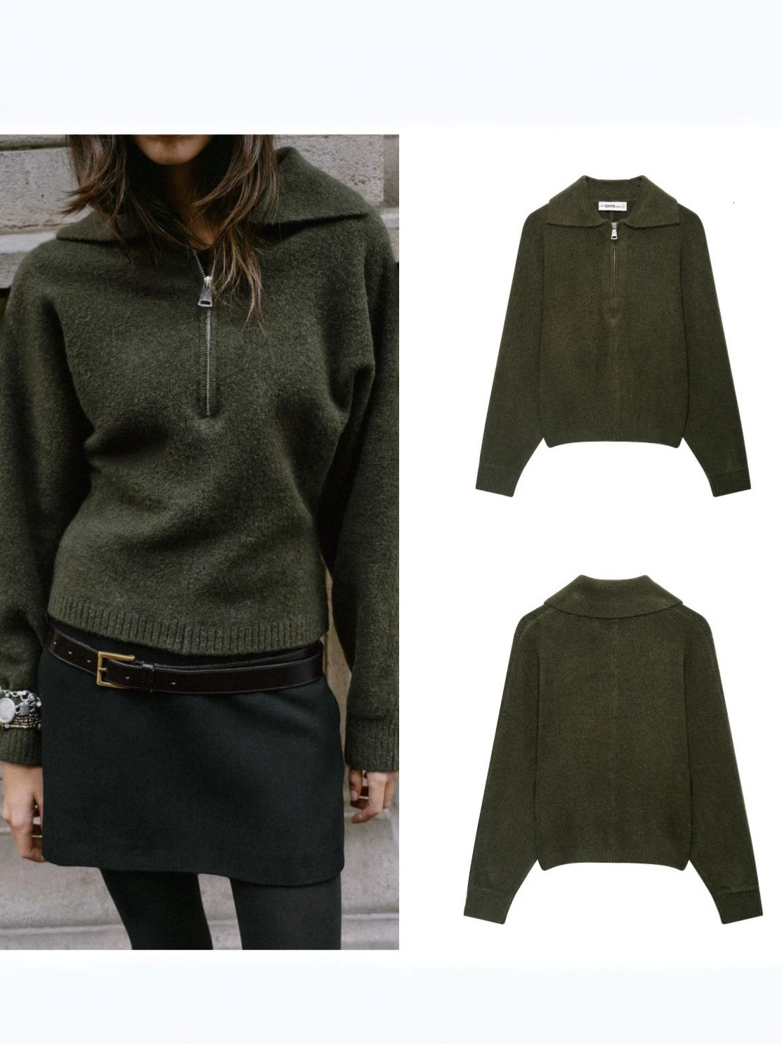 New autumn/winter collection: zip-up, ribbed trim, polo collar, long-sleeved knit sweater, solid-color outerwear, trendy style