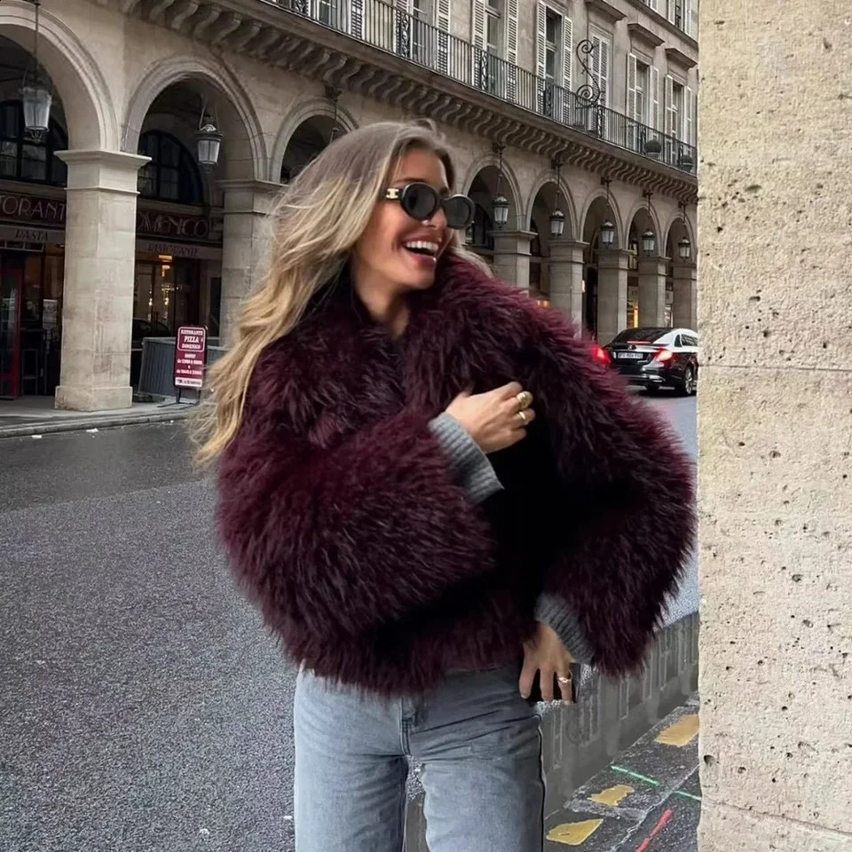 KONDALA 2026 Fall Winter Women Burgundy Casual Faux Fur Jackets Fashion Streetwear Turn Down Collar Warm Oversized Thick Coats 261017