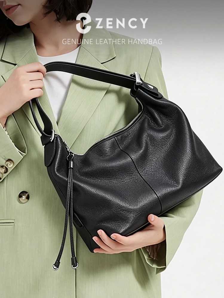 Evening Bags Zency 100% Genuine Leather Large Women Top Handle Shoulder Bag Tote Handbag Purse Black Leather Hobo Bag Underarm Zipper Bags H261016