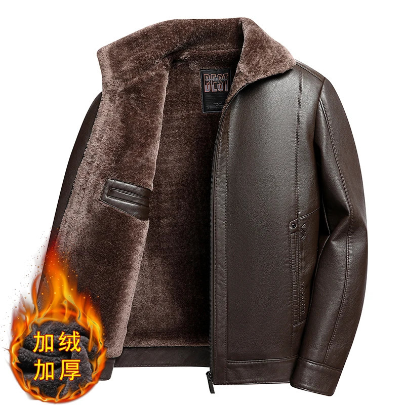 Add Fleece and Thickening Winter Dad Leather Jacket for Middleaged Grandpa Fur Collar Men's Coat Warmth 261014