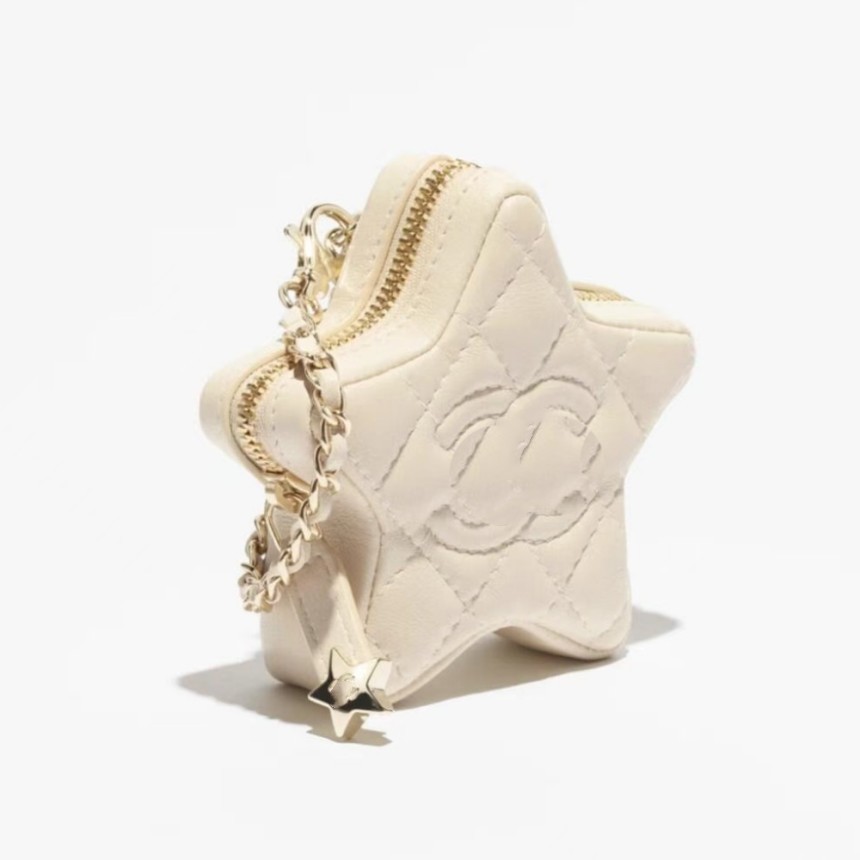 Mini porte-monnaie en cuir matelassé en forme d'étoile C, porte-clés à breloques, petite pochette de rangement pour écouteurs avec chaîne en méta
