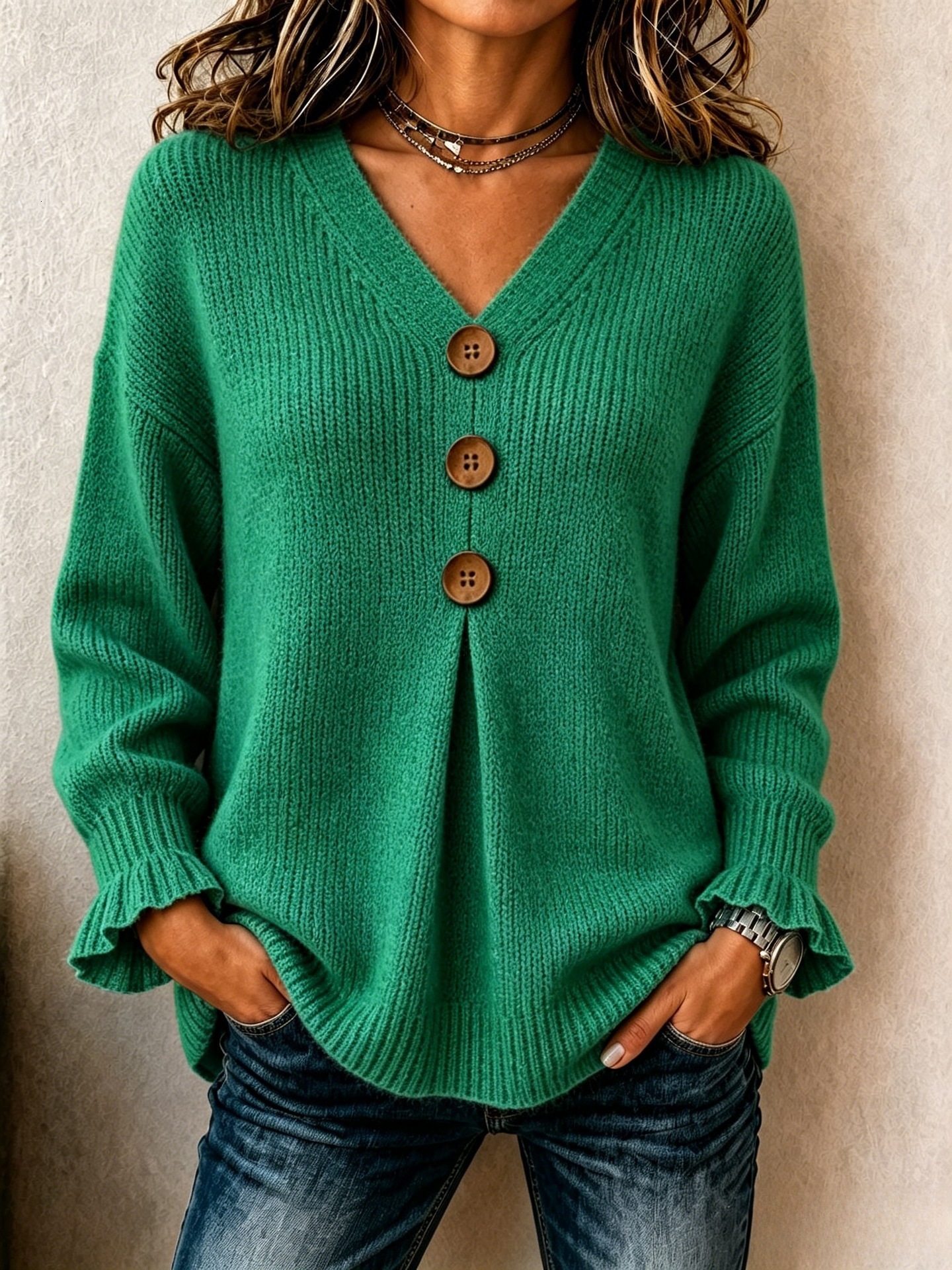 2026 New Designer Women's V-neck Button Knitted Sweater Autumn/winter New Collection Cuffs Ruffles Loose Fit Slimming Effect Easy And Casual