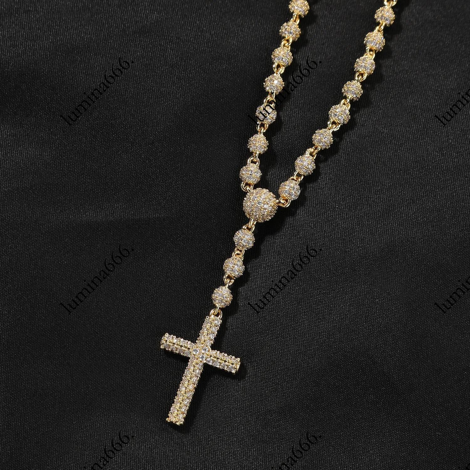 Vintage New Style 5mm Round Bead Cross Necklace Rosary Collarbone Chain Niche Hip Hop Accessories