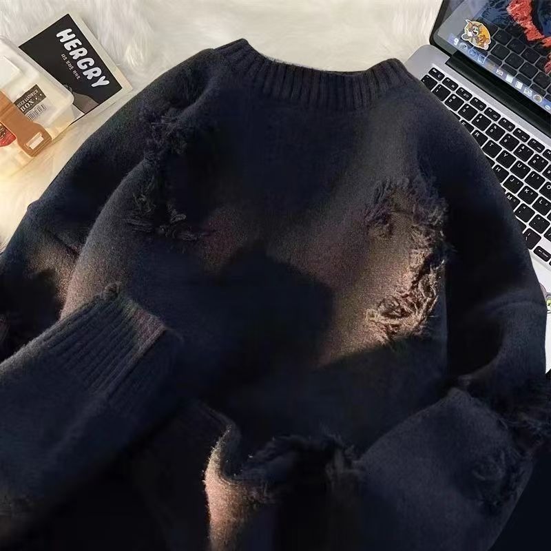 American Retro Distressed Ripped Unisex Autumn Winter Loose-Fit Oversized Casual Top With A High-End And Unique Style Men's Sweater Hoodie Warm