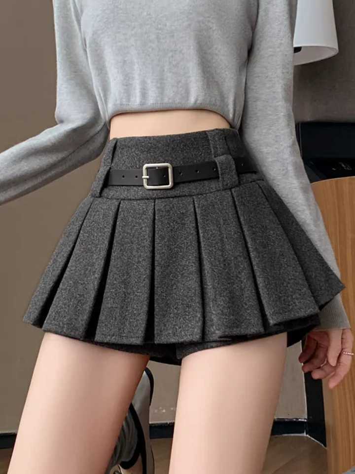 New 2026 Skirts Wool Women's Blend Pleated Skort Autumn Winter High Waist Petite A-Line Mini Skirt Shorts Hot Y2K Style Skirt W261017