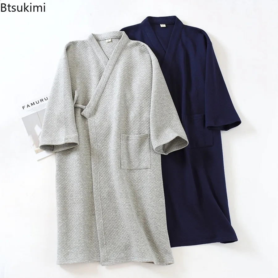 2026 Mens Casual Cotton Pajamas Dress Solid Warm Sleepwear Soft Loose Male Bath Robe Kimono Nightgown Home Clothes Men Robes 261017