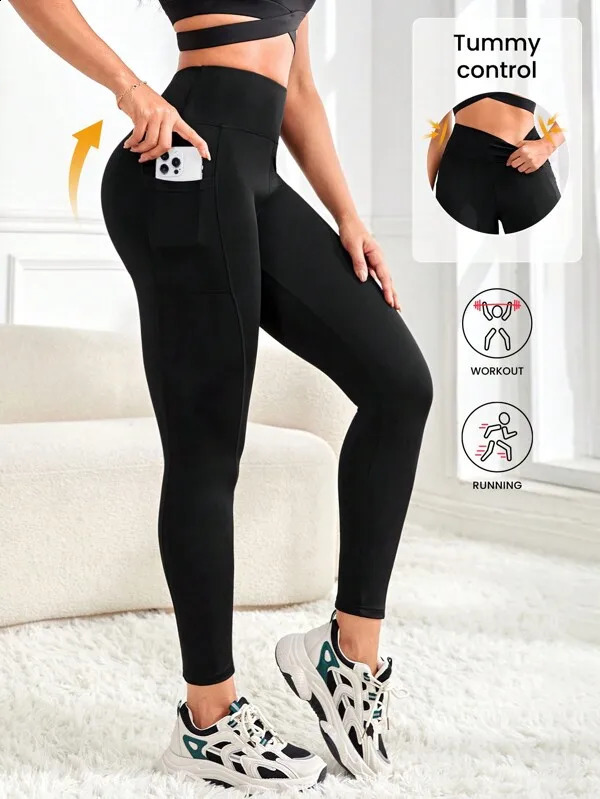 Women's high-waisted solid color pocket yoga leggings slim-fit stretch leggings comfortable and breathable fitness pants 261013