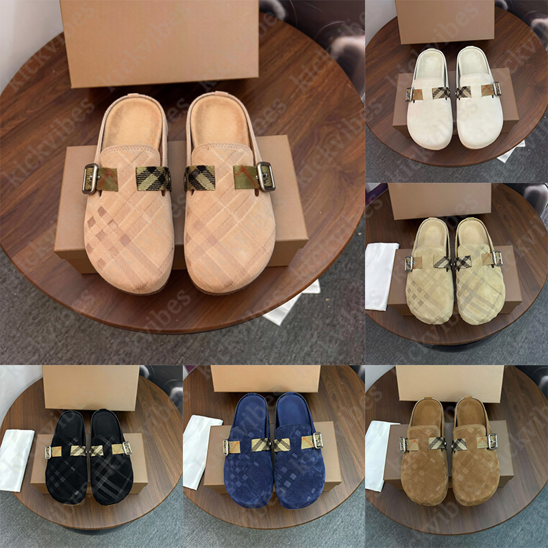 with box designer slippers classic tartan vintage sandals sliders slides print embossed men women white navy luxury beach flip flops slippers comfor