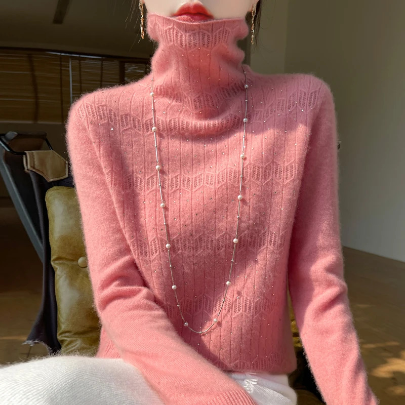 Women's Pullover Longsleeved Sweater Knitted Turtleneck Fashionable Bottoming Shirt Casual Diamond Top 261008