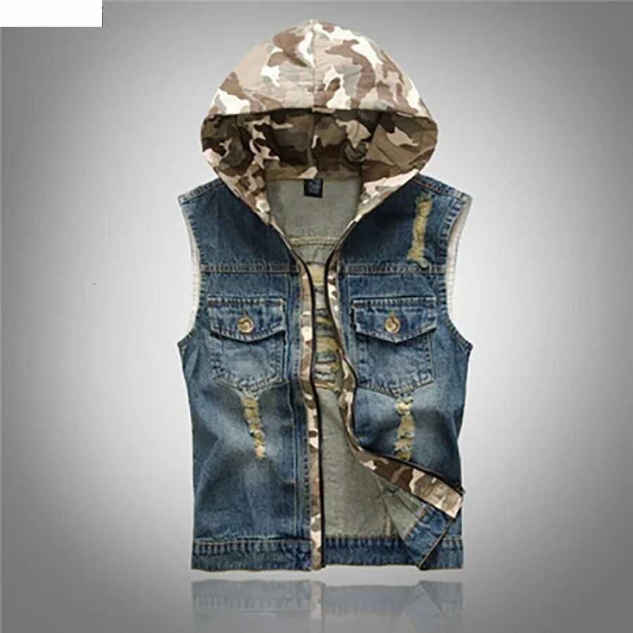 Korean Men's Vests New Men's Style Vest Fashion Slim Camouflage Hooded Waistcoat Casual Sport Denim Vest Sleeveless Jackets for Men 5XLW26