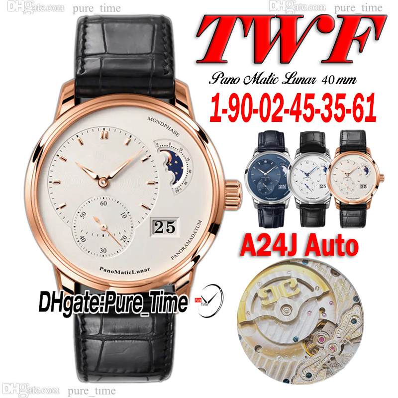 TWF New Pano Matic Lunar 40mm 1-90-02-45-35-61 A24J Automatic Mens Watch Moon Phase White Dila Big Date Rose Gold Case Blue Leather Strap Gents Watc