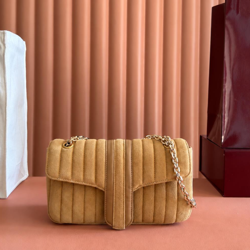 Vertical Quilted Suede Flap Shoulder Bag Leather Accent Chain Strap Elegant for Shopping Top-Tier Designer New Arrival