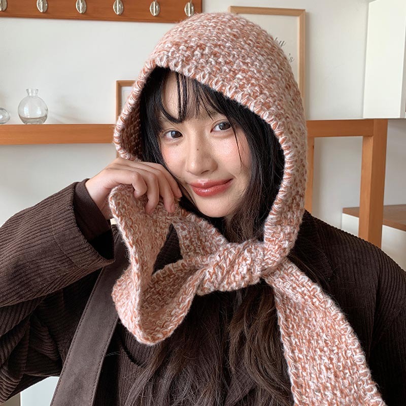 Koreanstyle cozy knitted for women autumn winter warm hat with integrated scarf ear protection woolen hat neck warmer and shawl