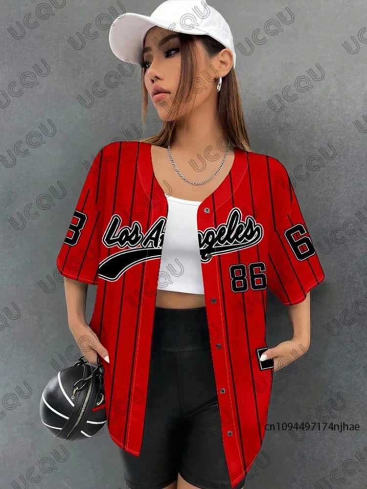 Red Men's T-Shirts Summer New Los Angeles 86 Stripe Printed Streetwear Baseball Shirt For Women Men Hip Hop Blouse Short Sleeve Button Up TopsW