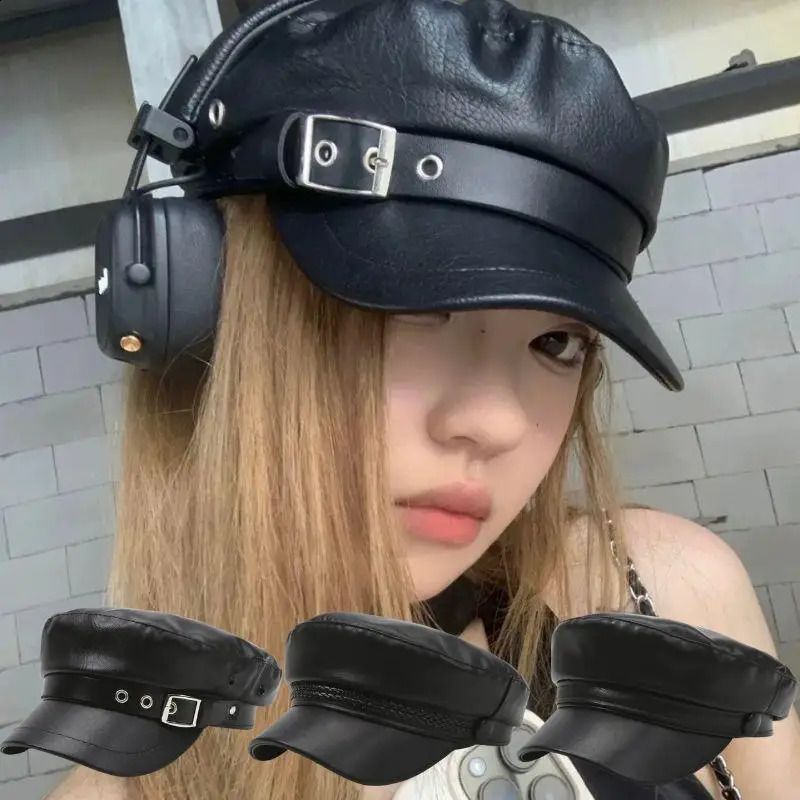 PU Leather Beret Hat Autumn And Winter Versatile Beret Retro Flat Top Visor Adjustable Black Painter Hat Octagonal Cap261016