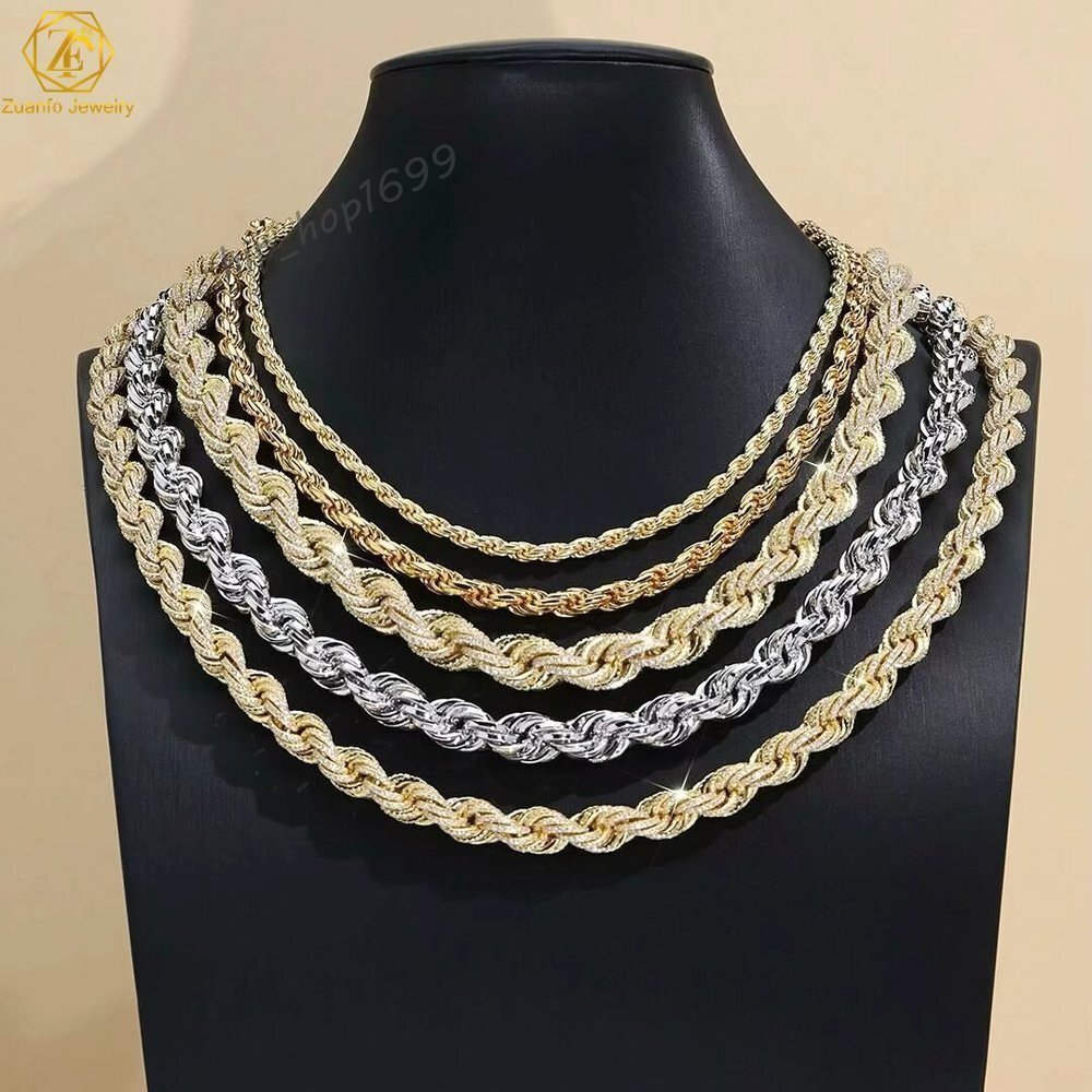 Factory 10mm Twist Silver Rope Chain Fully Iced Out VVS Moissanite Diamond Link Bracelet Hip Hop Jewelry Men Necklace Chain