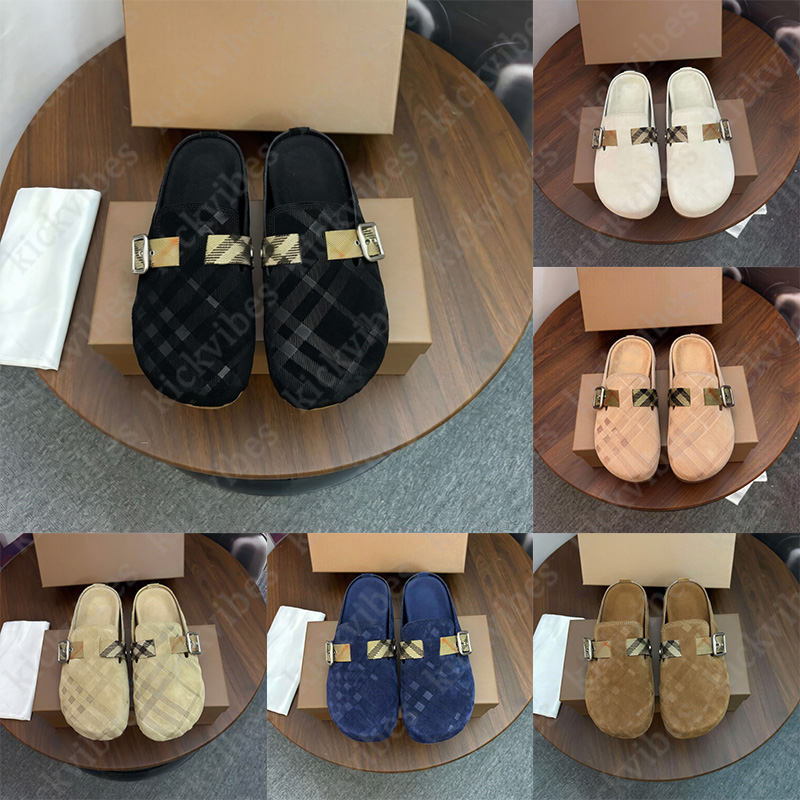with box designer slippers classic tartan vintage sandals sliders slides print embossed men women white grey luxury beach flip flops slippers comfor