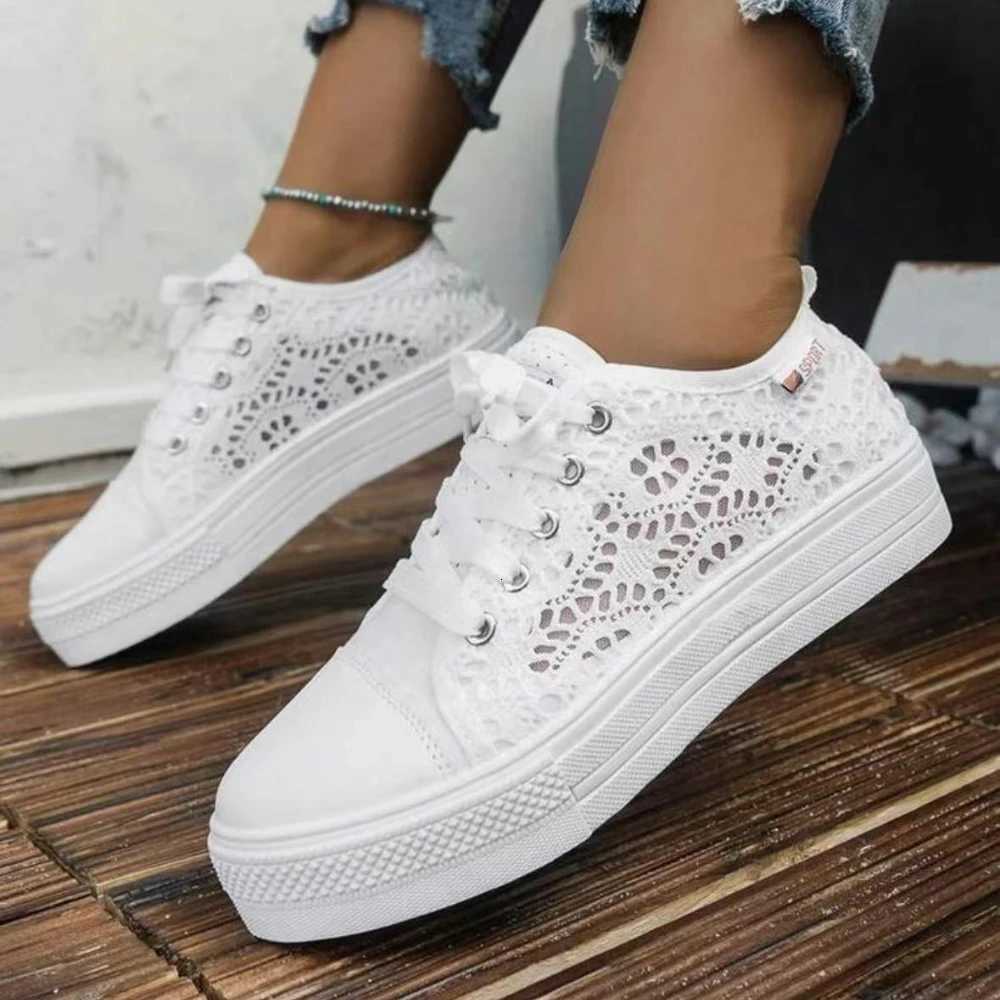Casual Shoes Women Shoes Fashion Summer Casual White Shoes Cutouts Lace Canvas Hollow Breathable Platform Flat Shoes Woman Sneakers H261016