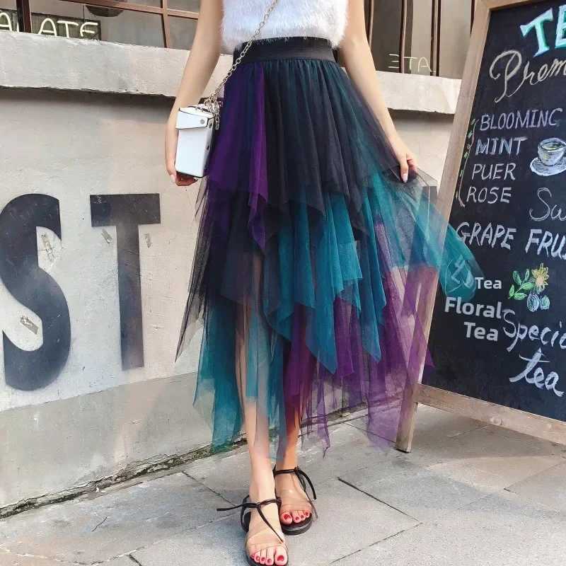Summer Mid-Length Spring Skirts Women's New Style Fresh Sweet Style Casual Wear High Waist Asymmetrical Skirt Color Block Mesh W261017