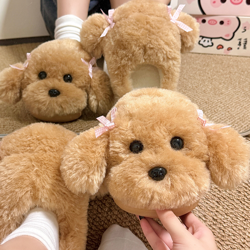 2026 New Women S Puppy Model Indoor Home Non Slip Cute Warm Cotton Half Furry Slippers For Winter Free Shipping