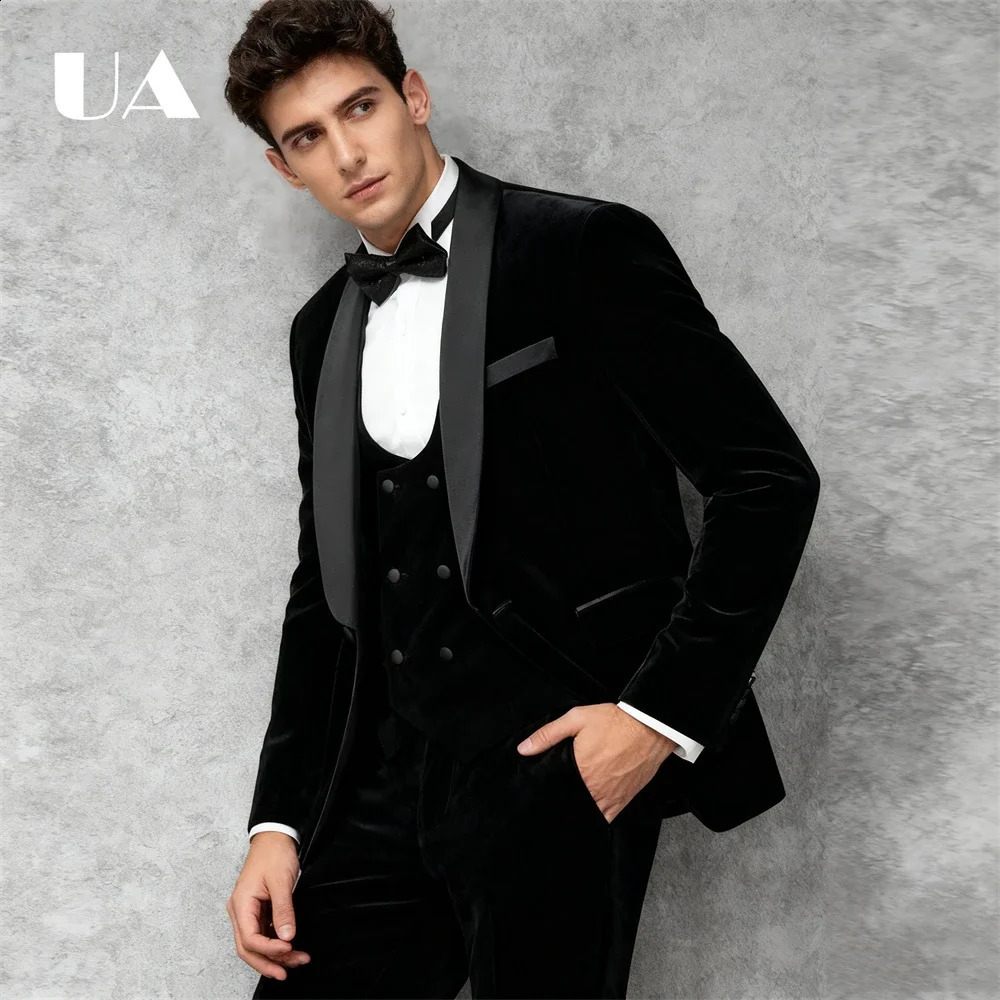 ULBYANRY Mens Velvet 3Piece Suit Set Shawl Neck One Button Jacket Vest Pants Autumn Winter Formal Tuxedo Wedding Groom 261017