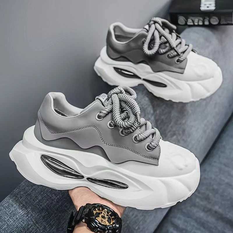 Casual Shoes Chunky Sneakers Men Designer Soft Sole Sport Shoes Fashion Casual Microfiber Leather Upper Height Increased Platform White Shoes H26101