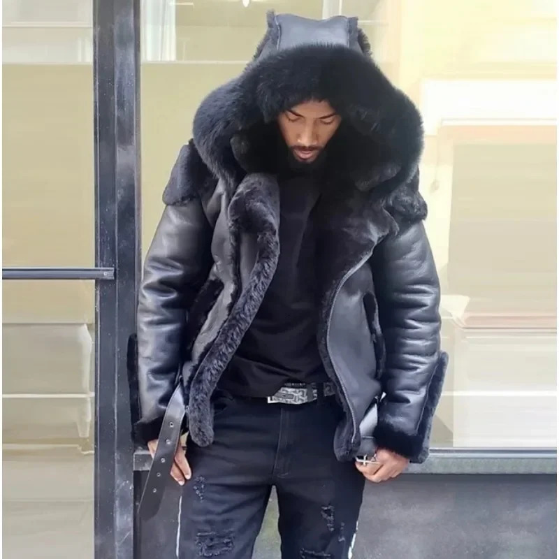Fashion Men's Coats Winter Jackets Fur Faux Leather European and American Coat Hooded Men Clothing 261014