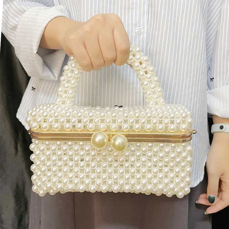 Evening Bags Totes Imitation pearl woven hollow small square bag 2025 summer new handbag elegant solid color bead women's handbag H261016
