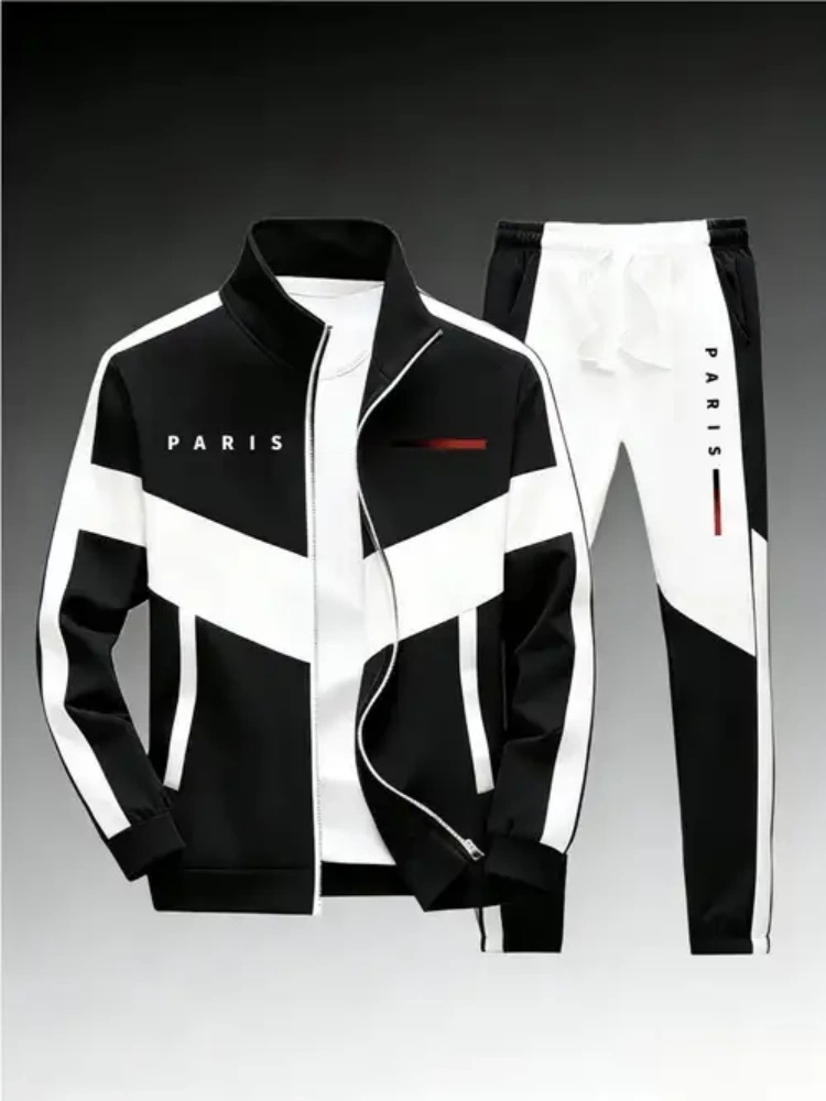 Men's 2 Piece Tracksuit Color Block PARIS Print Full Zip Stand Collar Jacket Jogger Sets Athletic Sweatsuit Casual Sports Outfit