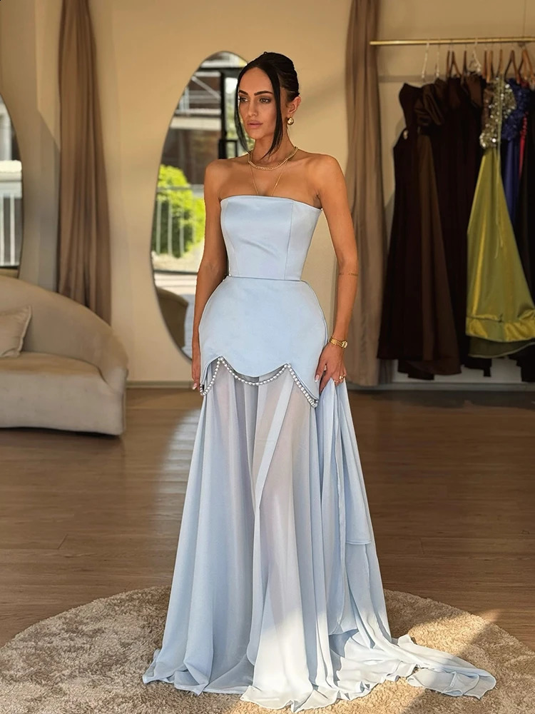 Elegant Pearl Mesh Patchwork Maxi Dress Women Strapless Ribbon Backless Long Dress y Wedding Guest Evening Party Dress 2026 261017