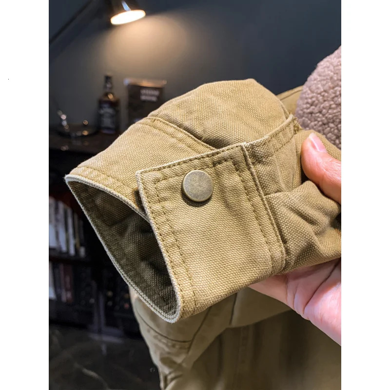 Khaki casual fur collar jacket men's thick winter warm with added fleece fashionable clothing 261012