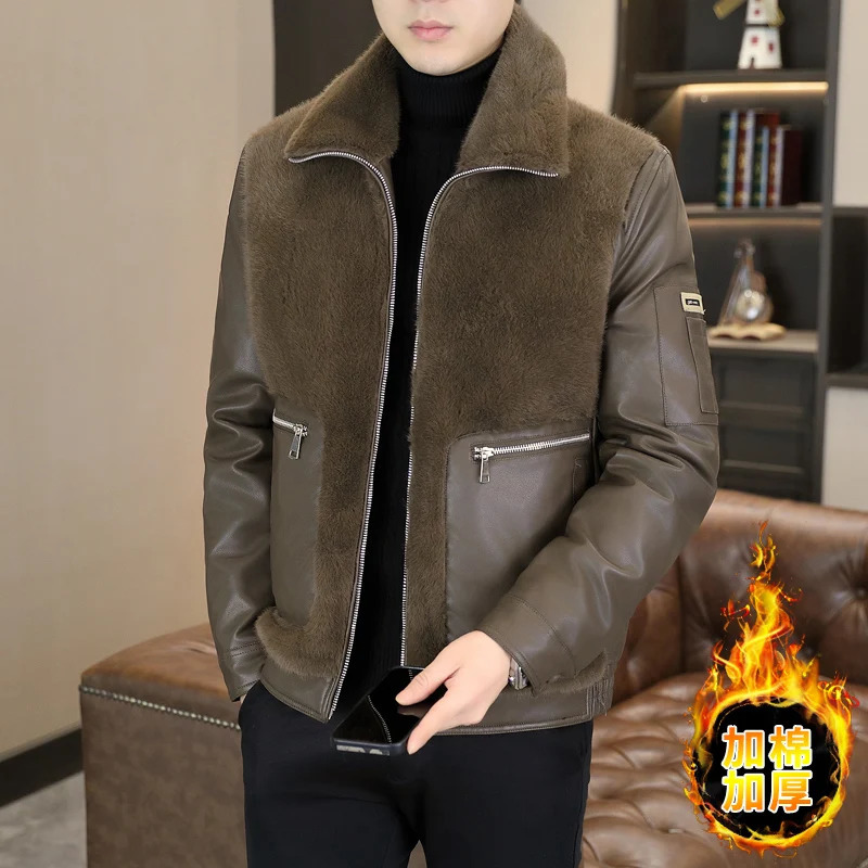 2024 Splicing Faux Fur Leather Jackets Men Thick Warm Motorcycle Bike Jacket Streetwear Social Casual Business Coat Clothing 261014
